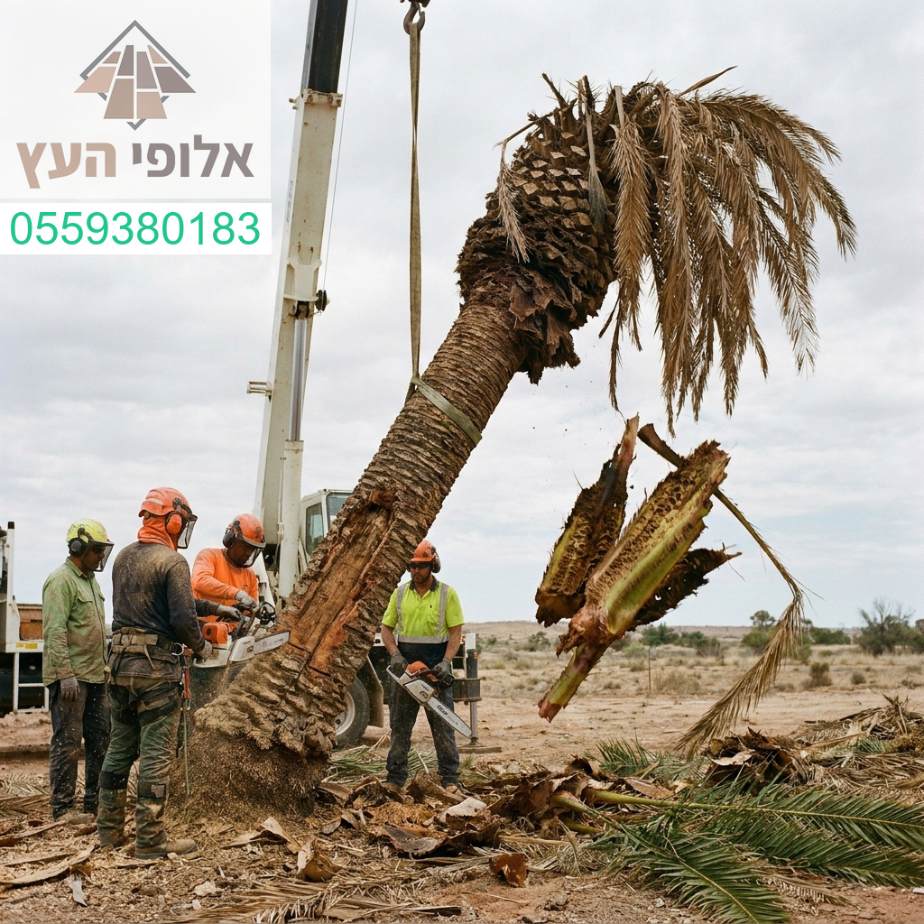 דיוק ובטיחות ללא פשרות בכריתת עצי דקל מורכבים על ידי צוות אלוף העץ המקצועי