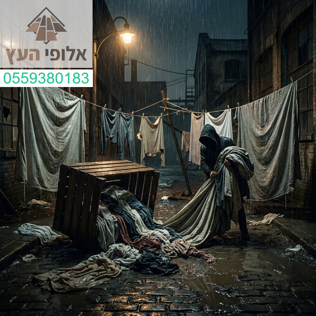 סודות שנחשפים בצללים של לילה גשום כשהבגדים מתפרקים אל תוך הסמטה החשוכה