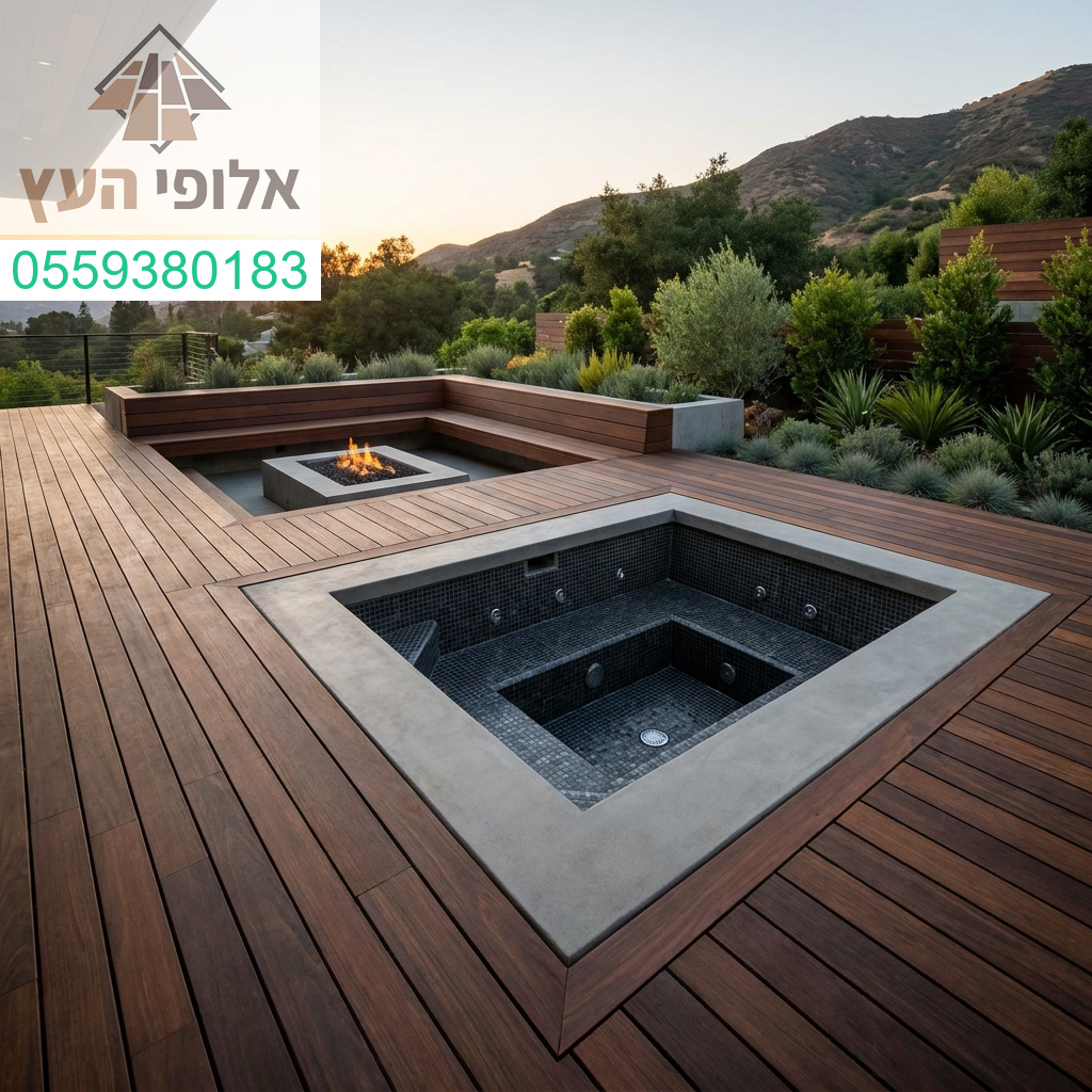 שילוב מושלם של יוקרה וטבע בדק עץ מעוצב המעניק חווית רגיעה בלתי נשכחת סביב הג'קוזי שלכם