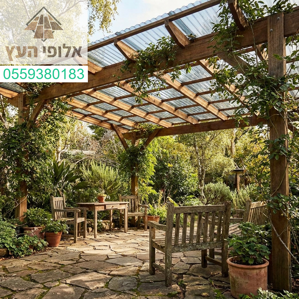 פרגולת עץ מעוצבת עם כיסוי סנטף BH המעניקה שילוב מושלם של יוקרה איכות ונוחות בגינה שלכם