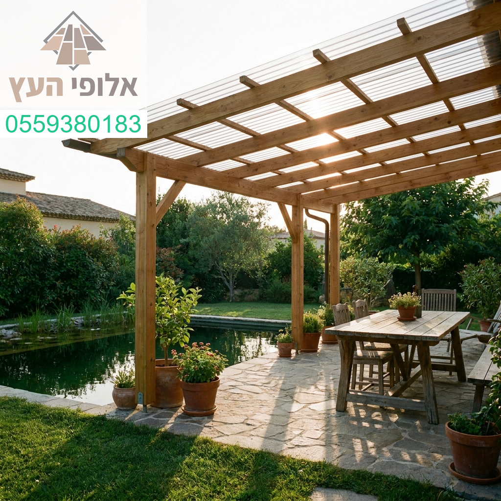 פרגולת עץ מעוצבת עם כיסוי סנטף BH המשלבת איכות ללא פשרות וסטייל יוקרתי לגינה שלך