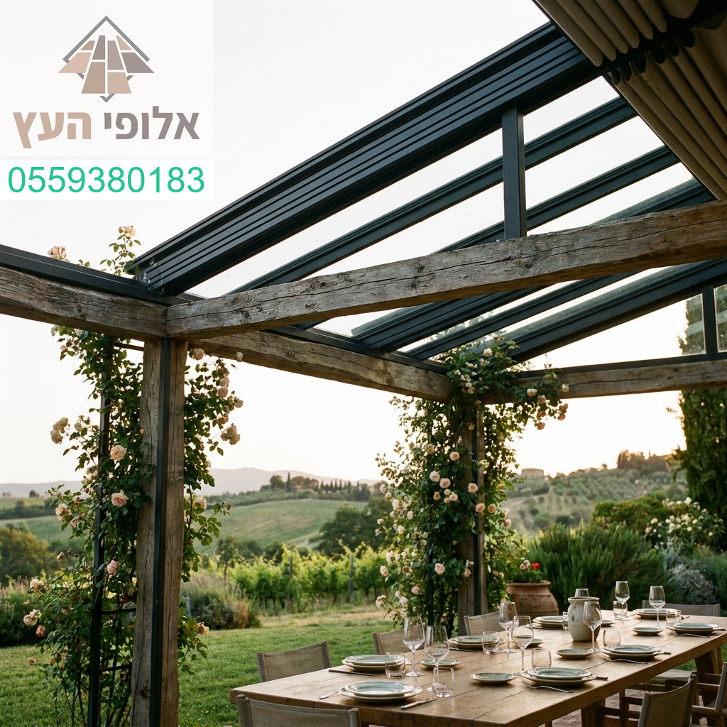 פרגולה יוקרתית עם גג נשלט המעניקה שילוב מושלם של עיצוב מודרני ונוחות מקסימלית לחוויית שהייה איכותית בכל עונה