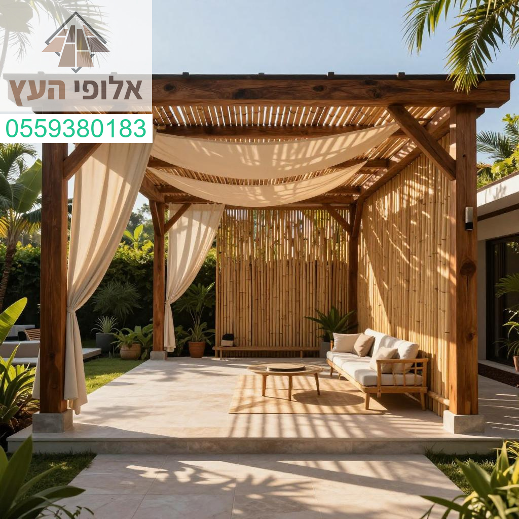 פרגולת עץ מעוצבת בסטייל יוקרתי עם שילוב בבמבוק וסנטף למראה אלגנטי ומלא איכות